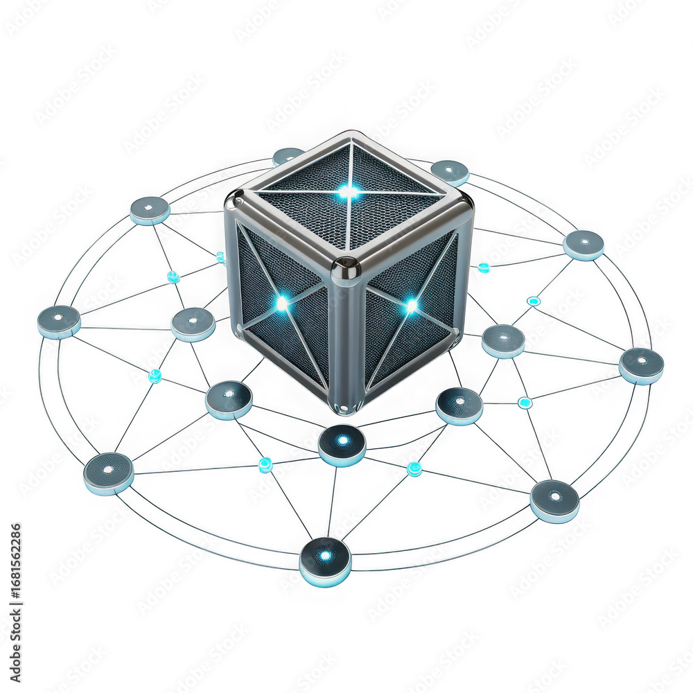 Poster intricate geometric crystal cube with glowing blue lights and connecting nodes isolated on transpare