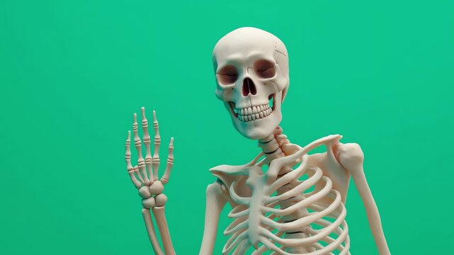 A funny skeleton figure waves hellow and smiles, showcasing an engaging expression against a bright green backdrop
