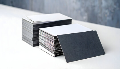 Stack of Blank Business Cards with One Black Card at the Front on a Light Surface