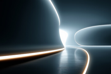 An abstract, futuristic interior with glowing lines of light on a reflective floor.