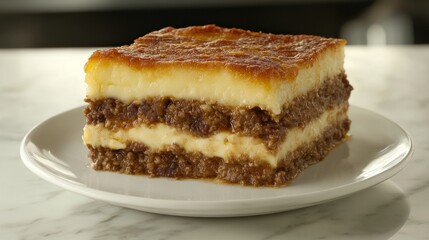 Close-up of a slice of traditional Greek moussaka with layers of eggplant, minced meat, and creamy bechamel sauce, served on a white plate