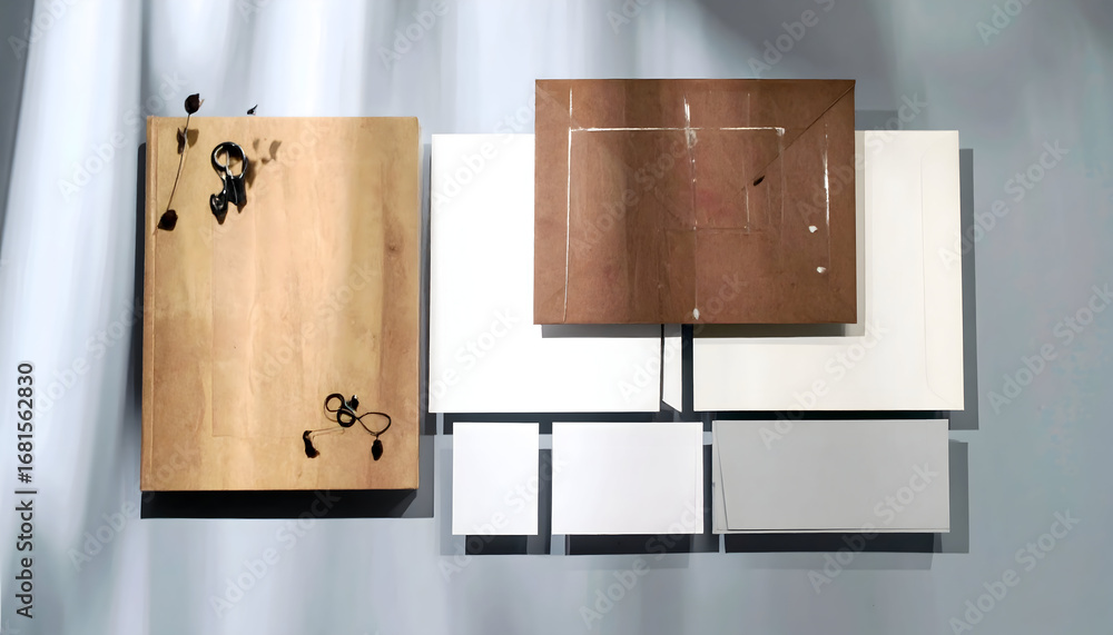 Poster abstract arrangement of various textured materials on a light background