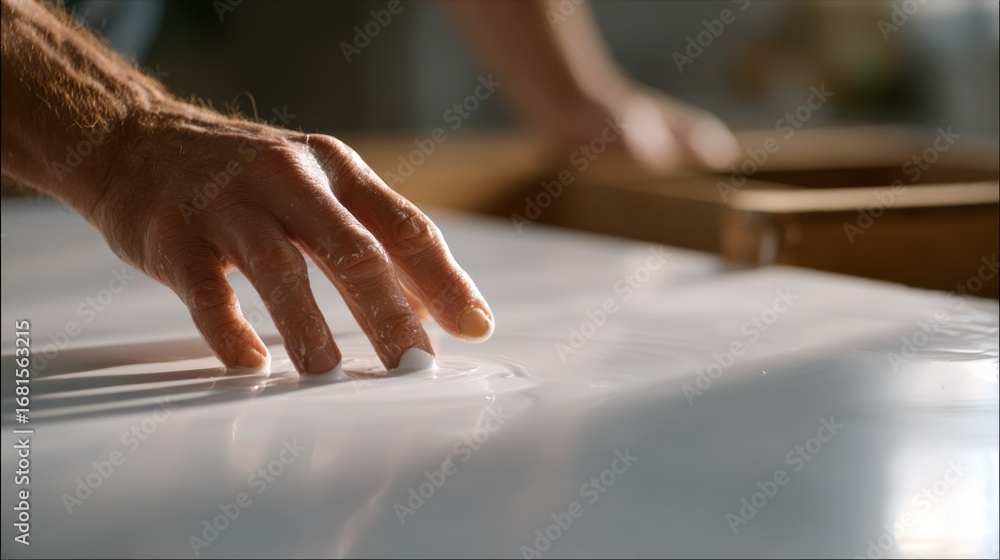 Poster medium shot capturing fingers running over a semigloss paint finish emphasizing smoothness while the