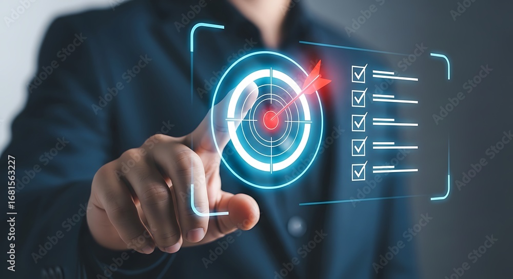 Poster person touching a futuristic digital interface with a target and checklist