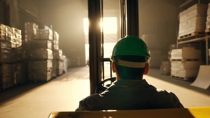 A forklift operator navigates through a warehouse filled with pallets as sunlight streams in from the entrance creating a working environment - Powered by Adobe