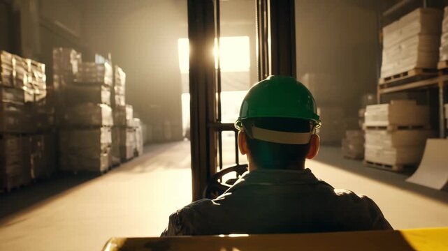 A forklift operator navigates through a warehouse filled with pallets as sunlight streams in from the entrance creating a working environment