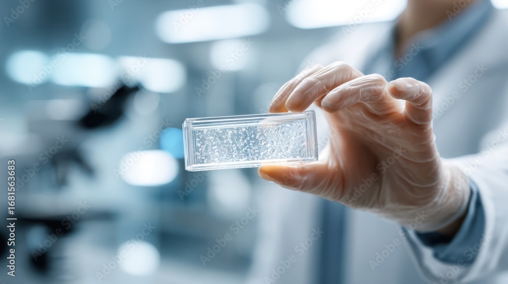 Poster closeup of a lab technician holding a transparent plastic sample with uv stabilization background so