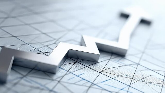 Metallic upward trend graph on a gridded blueprint