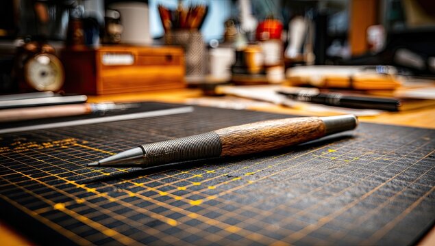 Wooden pen on cutting mat, craft supplies