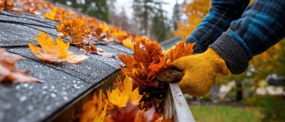 Person clearing fall leaves from roof gutter wearing gloves and flannel shirt closeup low angle autumn home maintenance