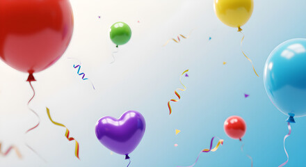 Colorful balloons and confetti floating against a bright background, celebrating joy and festivity