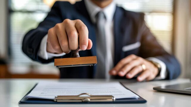 Businessman stamping approval on official document with wooden stamp at office desk.