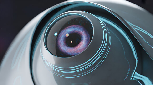 Closeup of a futuristic eyeshaped device with a galaxy inside the iris