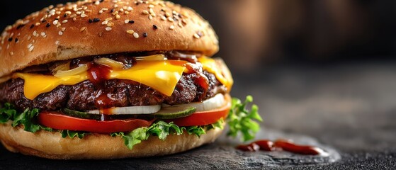 Delicious Cheeseburger Close-Up Shot on Dark Background with Fresh Ingredients and Sesame Seed Bun Ready to Eat