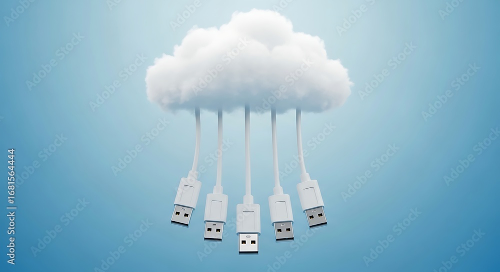 Poster cloud computing concept with usb cables connecting to a fluffy cloud