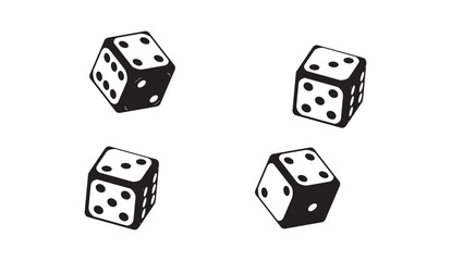 Four striking black and white dice, each showcasing different numbers with bold dots, set against a clean background, highlight chance and games of strategy
