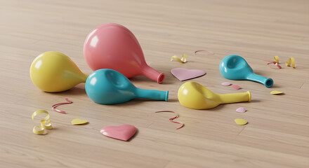 Deflated party balloons and confetti on a wooden floor after a celebration.