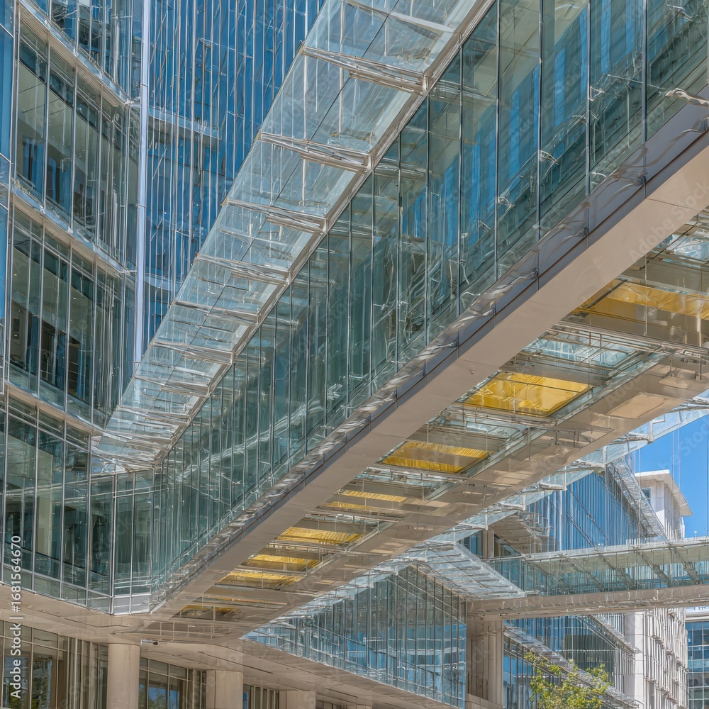Poster modern glass architecture with skybridge connecting buildings in urban setting low angle view
