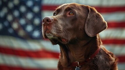 dog sitting in front of an American flag. Memorial day 4 july, Labor day party event Independence dayLovable, pretty puppy sitting near the U.S. Flag. Close-up, outdoors. Day light, studio photo