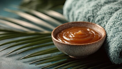 Small bowl of amber-hued, smooth cream on a teal surface, with palm fronds and a teal towel