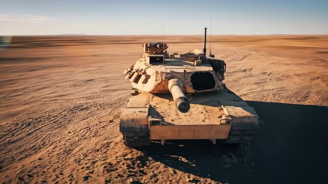 M1 Abrams tank in desert, military technology, war machine, defense, and armored vehicle in sand.