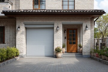 Closed roller shutter garage door and wooden front door of a modern brick house