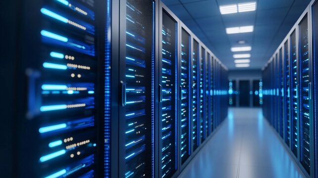 Cybersecurity operations center with glowing data servers and engineers inspecting systems.