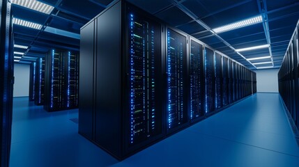 Fototapeta premium Cybersecurity operations center with glowing data servers and engineers inspecting systems.