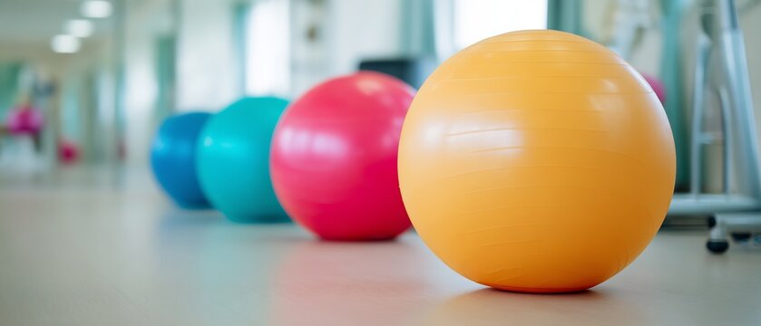 Physiotherapy exercise ball bright colors placed in rehab clinic rehabilitation training props health recovery equipment concept - Powered by Adobe