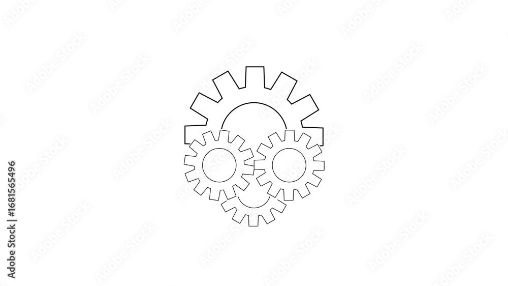 Poster three interlocking gears in a simple line art style on a white background representing teamwork and 