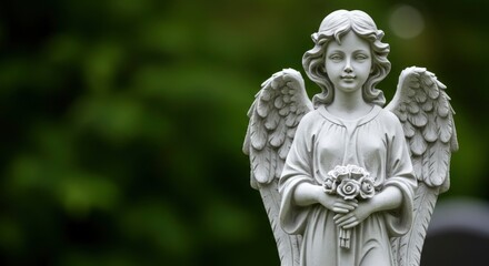 Obraz premium Stone angel with wings holding flowers against a green backdrop
