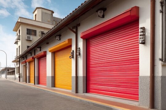 Red and yellow rolling shutter doors protecting shops in a commercial area - Powered by Adobe