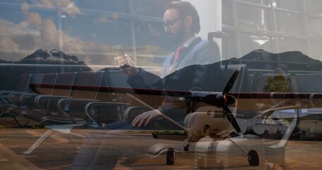 Animation of network of connections over couple in airplane - Powered by Adobe