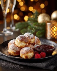 Aebleskiver Delight Close-Up: Traditional Danish Pancake Balls with Raspberry Jam and Holiday Ambiance, Powdered Sugar Dusting