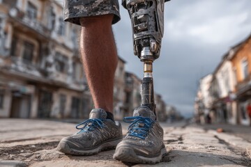 Close up of a soldier's prosthetic leg while standing in a destroyed city