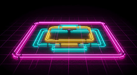 Futuristic Neon Briefcase Outline on Dark Grid Background