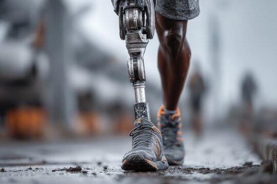 Close-up of an athlete's prosthetic leg while walking on a wet track during outdoor training, showcasing resilience and determination - Powered by Adobe