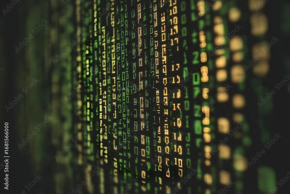 Aufkleber abstract green and yellow matrix code on black screen. digital numbers and letter flowing data strea
