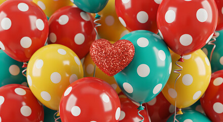 Colorful Polka Dot Balloons with Red Glitter Heart for Celebrations and Love Background