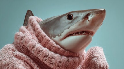 Great white shark wearing a cozy pink sweater, creating a humorous and surreal juxtaposition against a teal background, perfect for conveying unexpected warmth, gentle giant, or playful irony