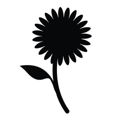 Single Black Sunflower Silhouette with Leaf on a White Background