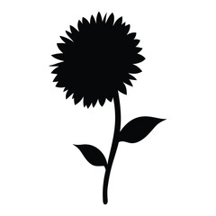 Black silhouette of a single sunflower with leaves on a white background