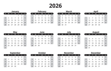Year 2026 english vector annual calendar (week starts sunday)