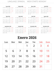 2026 Spanish calendar planner. A collection of vector illustrations for month in year. For Spain
