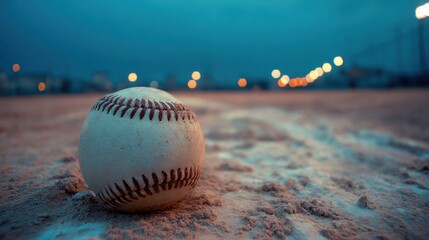 Baseball Resting on Field at Night Low Angle Close Up Sports Game Competition Recreation Teamwork