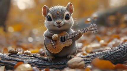 Obraz premium Cute squirrel playing guitar autumn scene