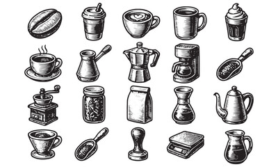 Premium Coffee Equipment Icons Set - Espresso Machines, Mugs, and Beans Art
