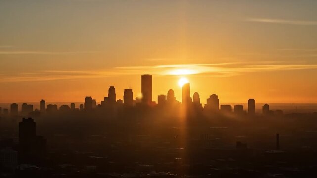 Golden Sunrise City Skyline Loop &ndash; Warm Light Rays over Urban Silhouette, Cinematic Morning Background, Seamless 5s 4K