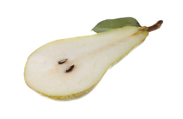 Half of ripe pear with leaf isolated on white