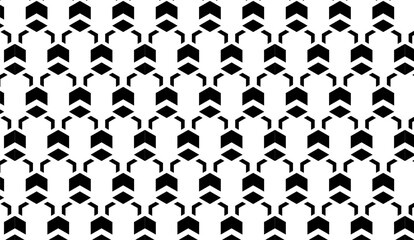 Elegant black and white geometric pattern with repeating shapes of connected arrowheads and diamonds, creating a modern, eye-catching, tessellated, and seamless design perfect for backgrounds